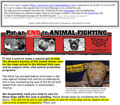HSUS fundraising web page from July 18, 2007